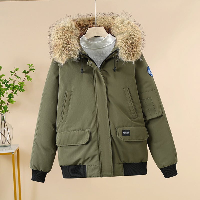 Olive padded bomber jacket with faux-fur hood, zip-front, and flap pockets