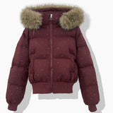 Women's short quilted blouson with removable hood, wine red, faux-fur trim, zip front