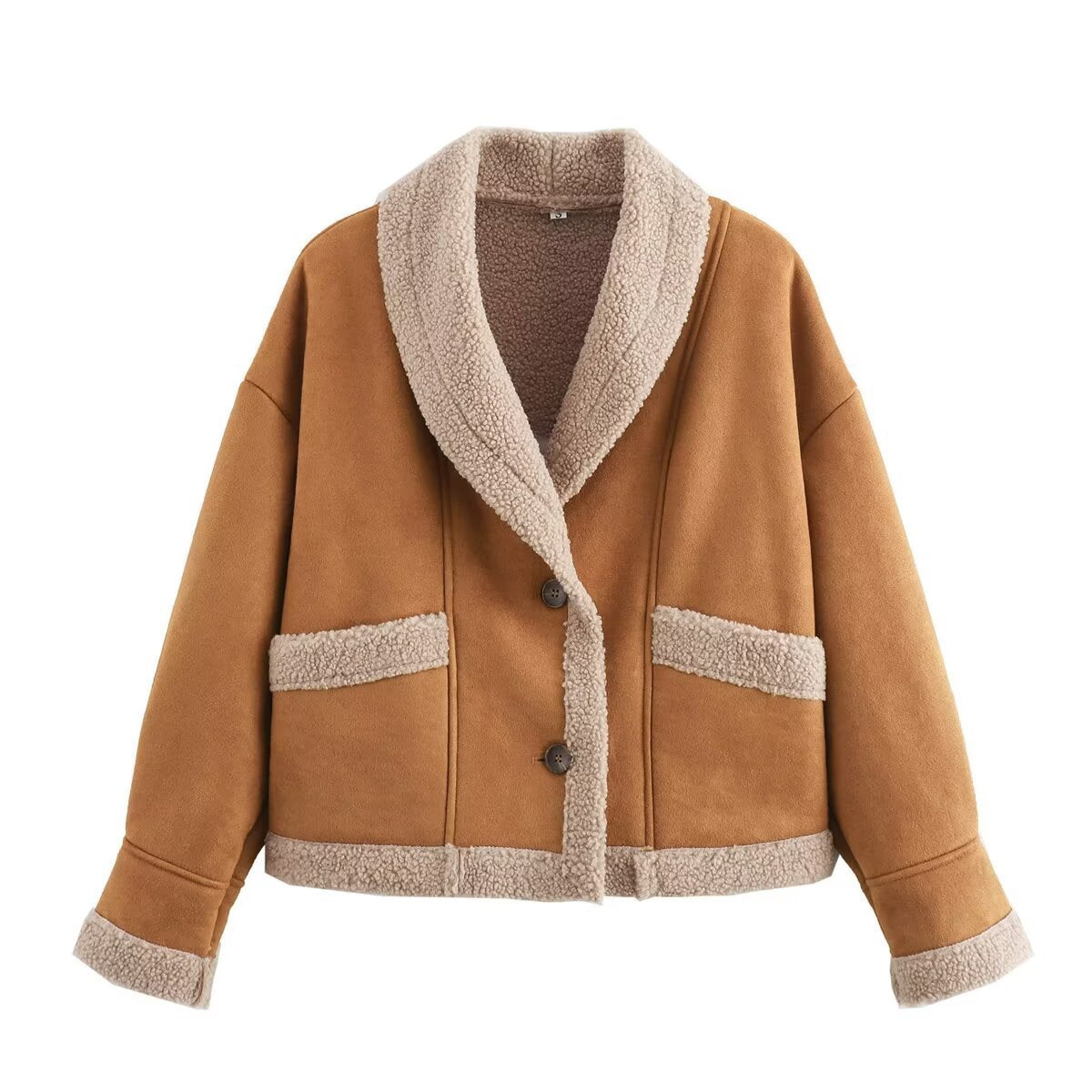 Camel short button jacket with sherpa trim around collar, cuffs, and pockets