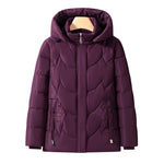 Purple quilted thermo outdoor jacket with hood and full zip, floral embroidery detail