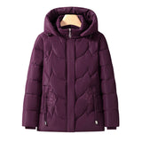 Purple quilted thermo outdoor jacket with hood and full zip, floral embroidery detail