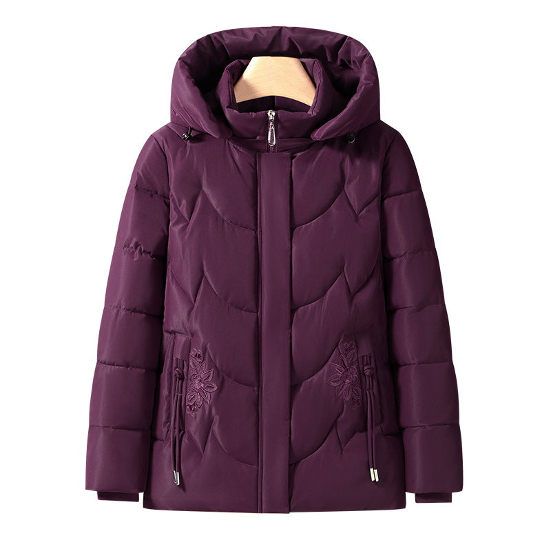 Purple quilted thermo outdoor jacket with hood and full zip, floral embroidery detail