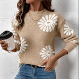 Women's khaki crewneck sweater with white daisy floral pattern, long sleeves