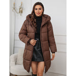 Brown hooded A-line puffer parka with two-way zipper and side pockets
