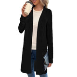 Longline rib-knit cardigan, long sleeves, open front, side pockets, black, long length
