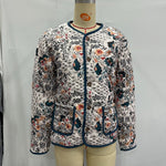 Women's patterned long-sleeve jacket with round neck, zip front, blue trim and front pockets