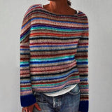 Multicolor striped knit retro sweater with crew neck and long sleeves, ribbed cuffs