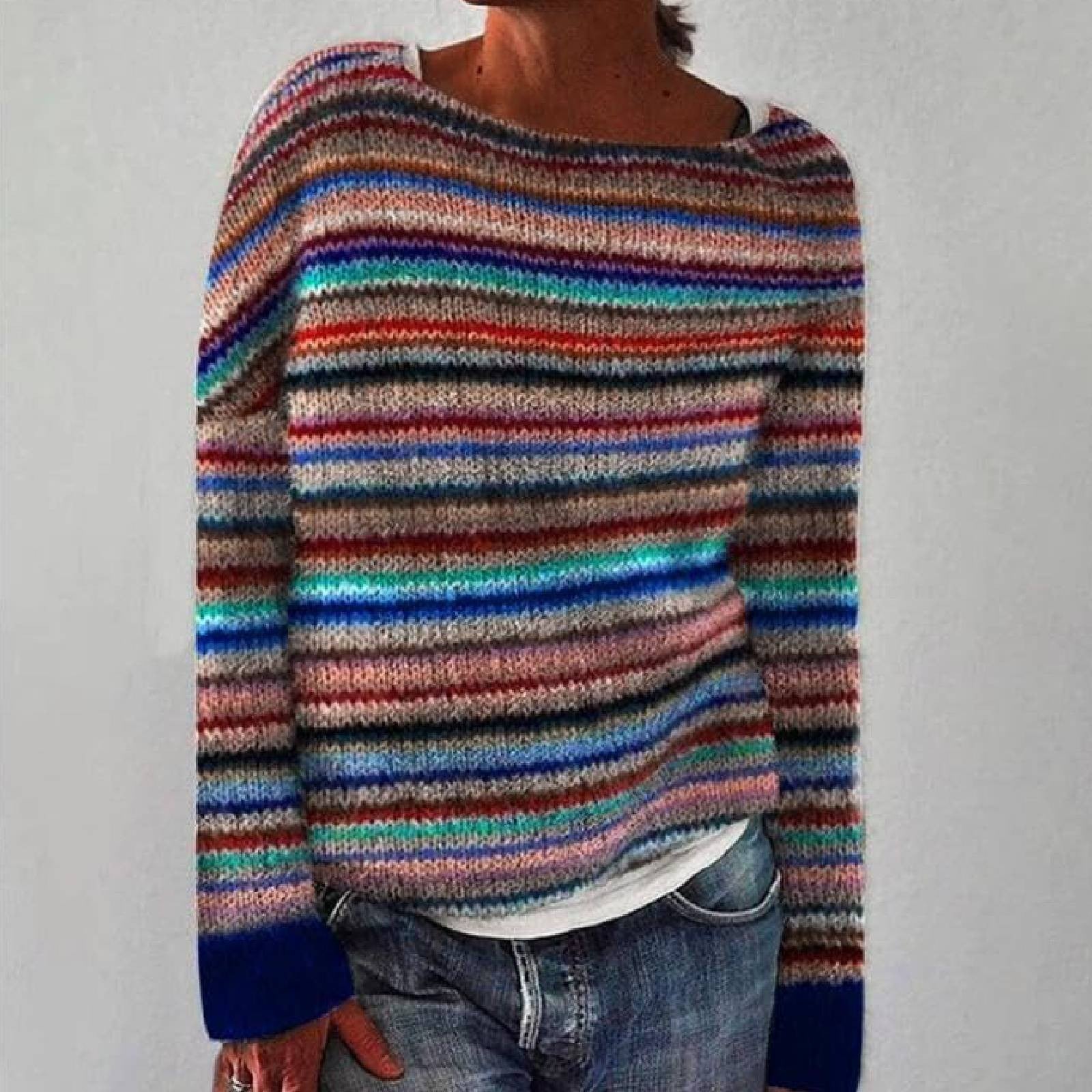 Multicolor striped knit retro sweater with crew neck and long sleeves, ribbed cuffs