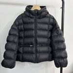 Short padded hooded thermal jacket in black with full-zip front and side zip pockets