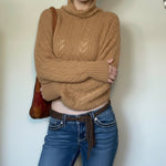 Khaki cropped knit turtleneck sweater with cable pattern, long balloon sleeves