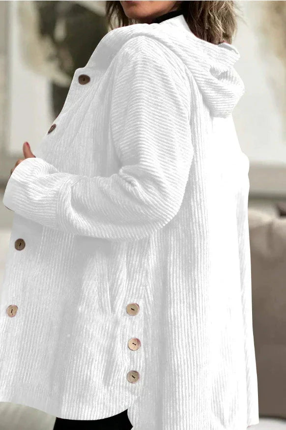 White corduroy hooded jacket with button front and long sleeves