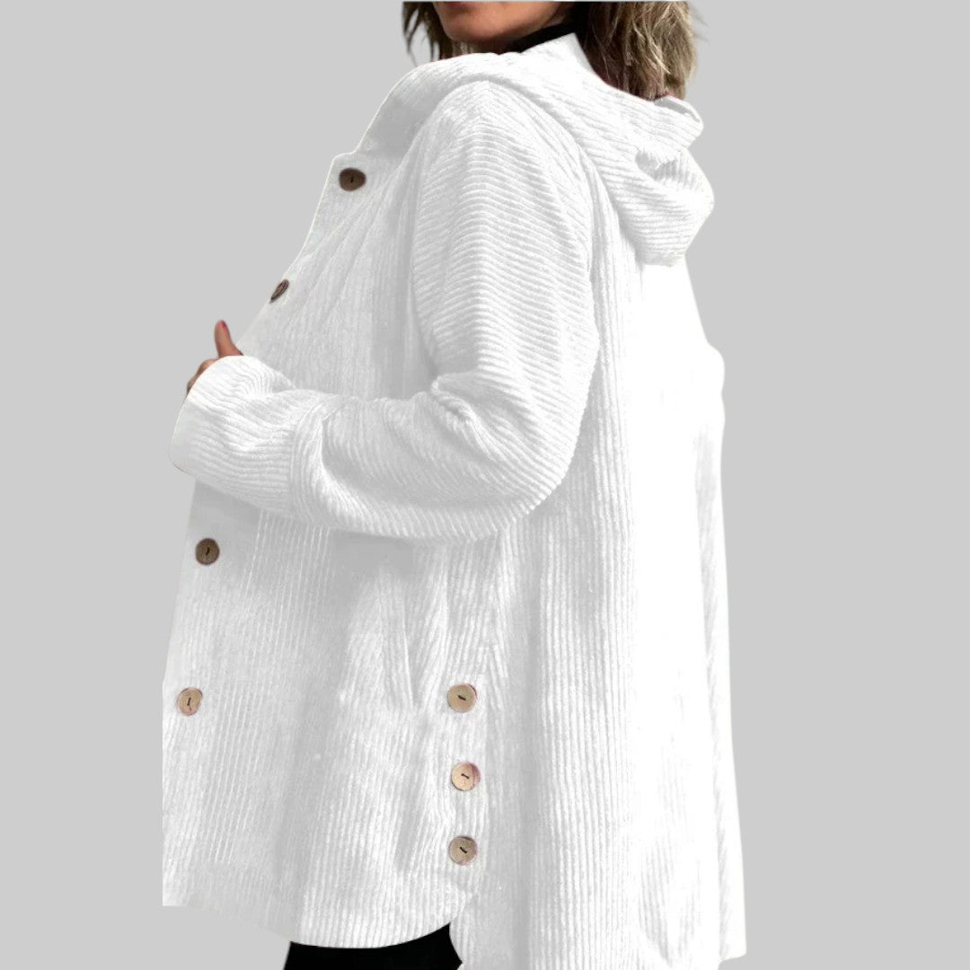Cordia™ hooded jacket in white with button front and side pockets