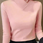 Women’s light pink roll-neck long-sleeve sweater with V-shaped collar