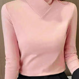 Women’s light pink roll-neck long-sleeve sweater with V-shaped collar