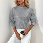 Grey long-sleeve crewneck sweatshirt with shimmering sequin front panels