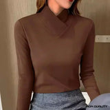 Women’s brown roll-neck long-sleeve sweater with a V-shaped collar