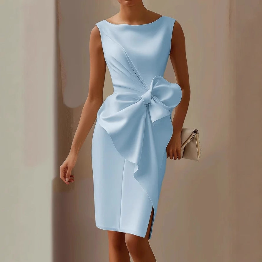 Light blue satin sleeveless dress with draped waist and oversized bow