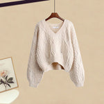 Cable knit V-neck sweater, cream color, long sleeves