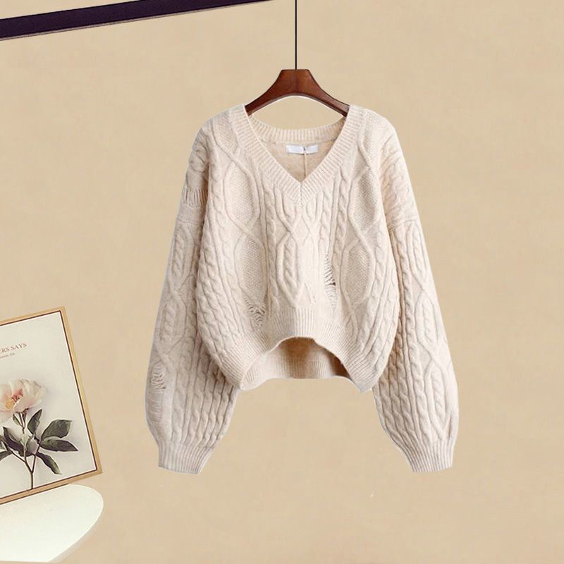 Cable knit V-neck sweater, cream color, long sleeves