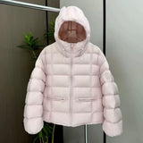 Short padded hooded thermal jacket in blush pink with full-zip front and side zip pockets