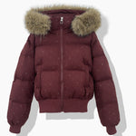 Women's short quilted blouson with removable hood, wine red, faux-fur trim, zip front