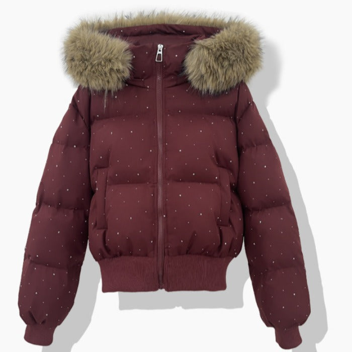 Women's short quilted blouson with removable hood, wine red, faux-fur trim, zip front