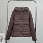 Women’s light hybrid quilted jacket with hood, brown, full front view on hanger