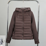 Women’s light hybrid quilted jacket with hood, brown, full front view on hanger
