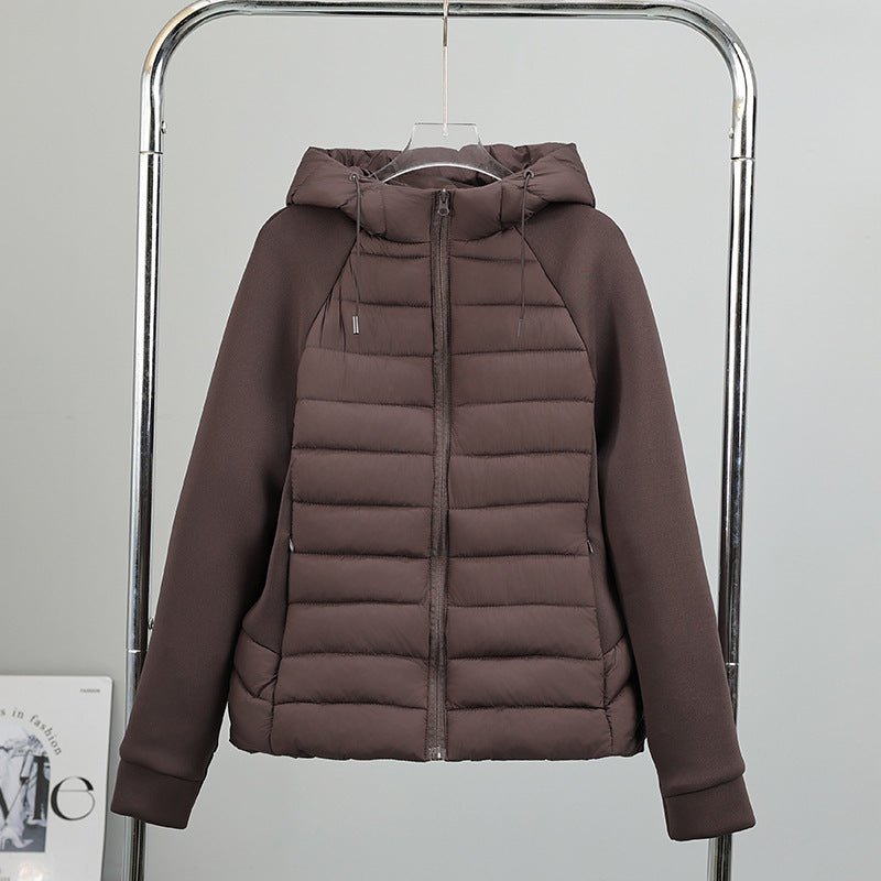 Women’s light hybrid quilted jacket with hood, brown, full front view on hanger