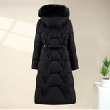 Black long quilted parka back view with hood and waist tie belt