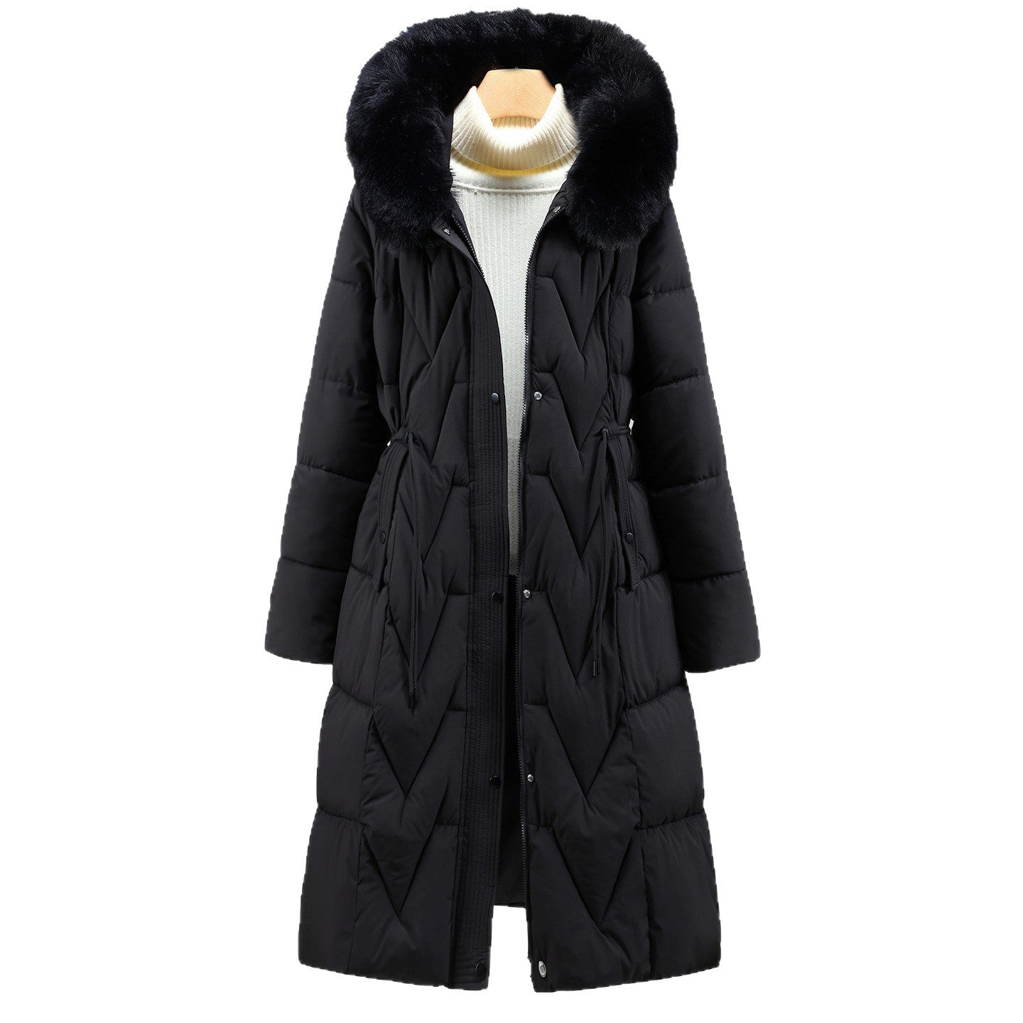 Black long parka with removable faux-fur hood, quilted design, snap button placket