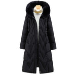 Black long parka with removable faux-fur hood, quilted design, snap button placket
