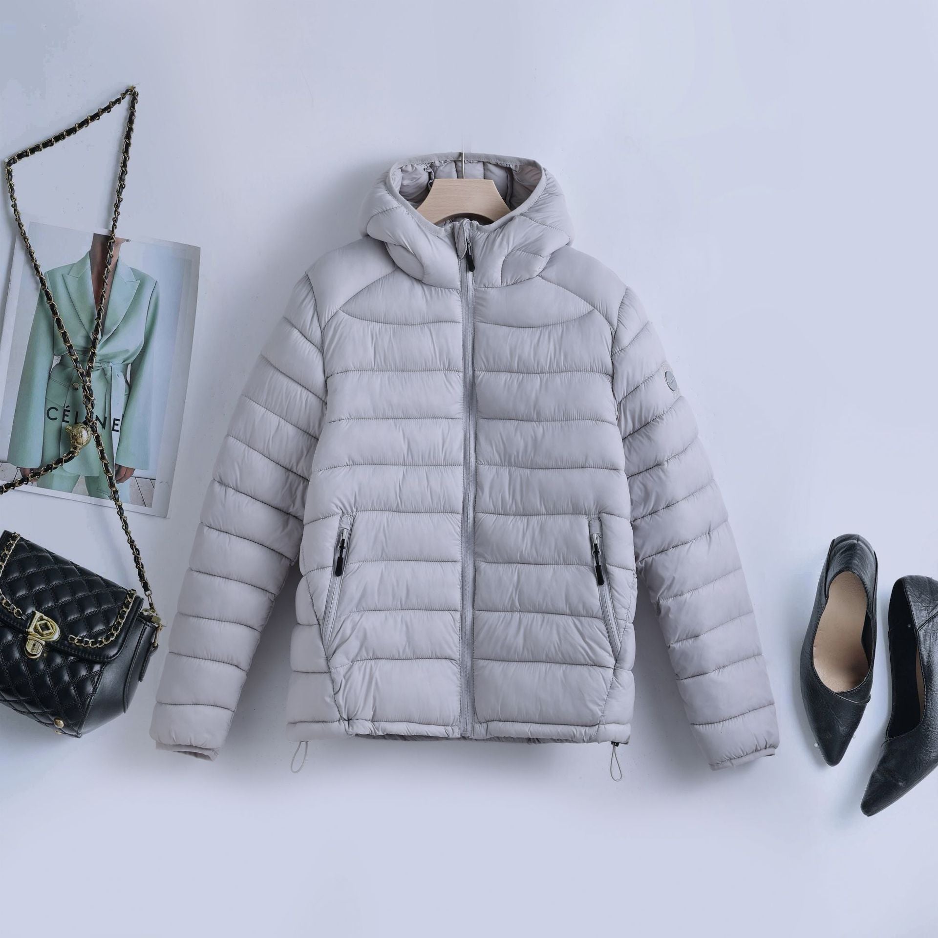 Ultralight quilted hooded jacket, light gray, full-zip with side zip pockets