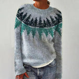 Luna™ retro knit sweater, heather gray with green and dark forest yoke