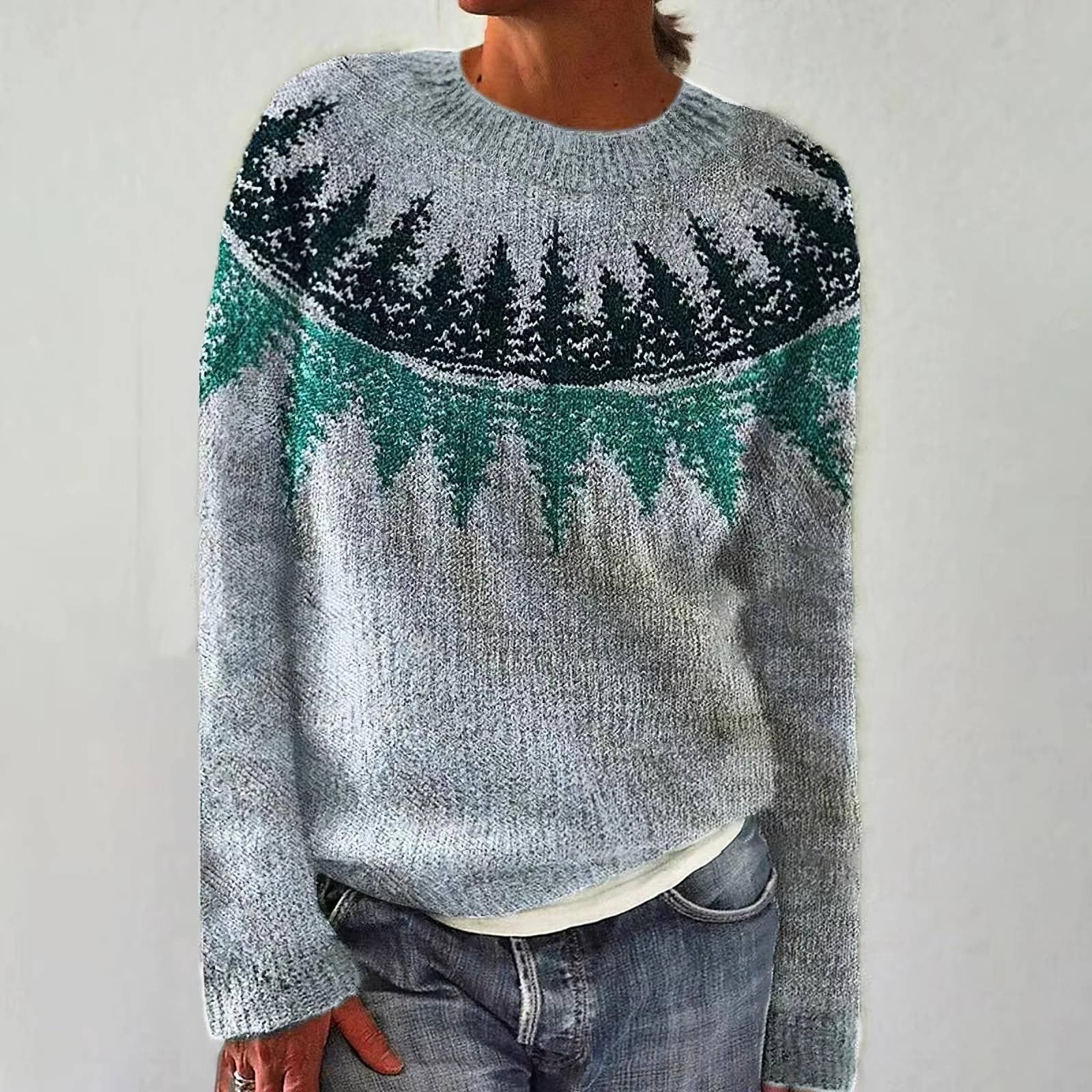 Luna™ retro knit sweater, heather gray with green and dark forest yoke