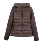 Women’s light hybrid quilted jacket with hood, dark brown, zip-up front view