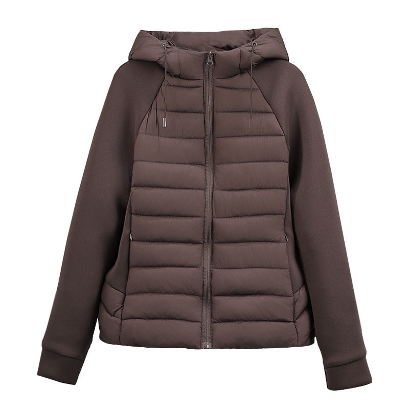Women’s light hybrid quilted jacket with hood, dark brown, zip-up front view