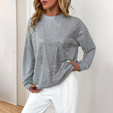 Grey long-sleeve crewneck sweatshirt with sequin V-panel front