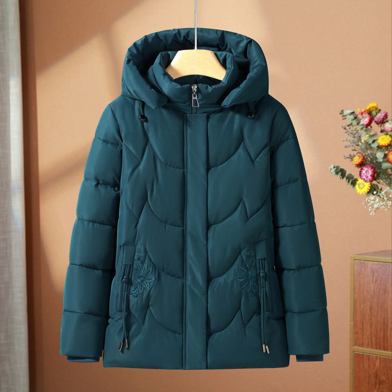 Teal quilted thermo outdoor jacket with hood, full zip, floral embroidery on panels