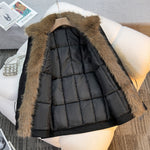 Women's mid-length winter parka in black with faux fur collar and quilted lining