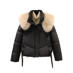 Women's short quilted puffer jacket with faux fur collar, black, front zipper, side ties