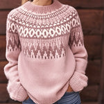 Pink knit sweater with Fair Isle pattern yoke, crew neck, ribbed cuffs and hem