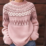 Pink knit sweater with Fair Isle pattern yoke, crew neck, ribbed cuffs and hem