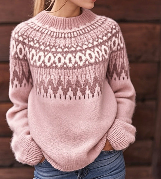 Pink knit sweater with Fair Isle pattern yoke, crew neck, ribbed cuffs and hem