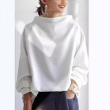 White high-neck soft knit top with loose fit and long sleeves