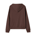 Dark brown zip-up hooded jacket, back view with ribbed cuffs