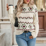 Cream knit turtleneck sweater with fair isle reindeer motif and zigzag bands, long sleeve