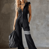 Retro-inspirierter schwarzer ärmelloser Kapuzen-Jumpsuit mit sportlichen Spitzenstreifen