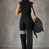 Retro-inspirierter schwarzer ärmelloser Kapuzen-Jumpsuit mit sportlichen Spitzenstreifen