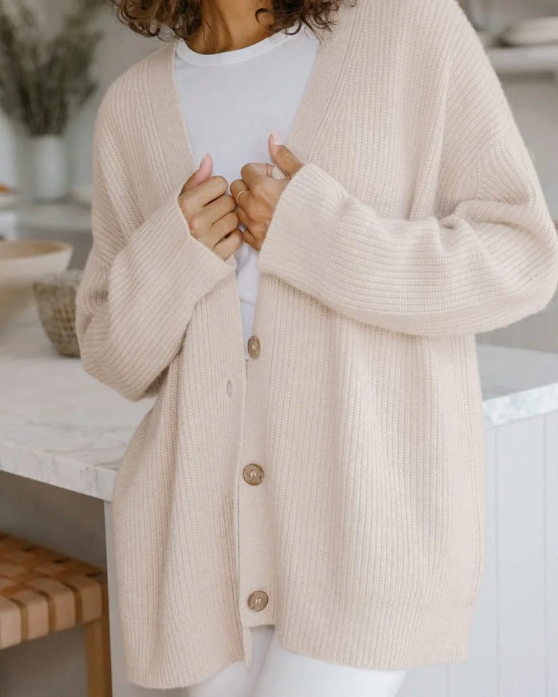 Cozy knit button-front cardigan in beige/cream with V-neck and long sleeves